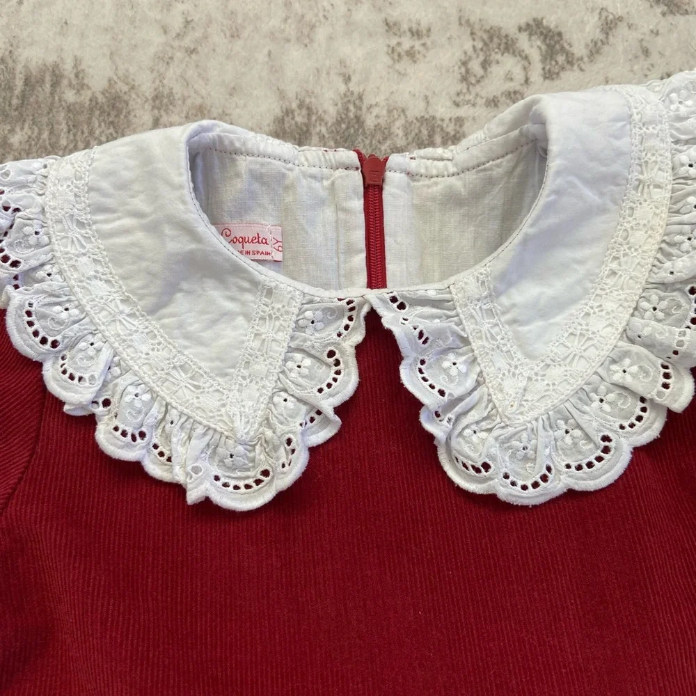 La Coqueta 6Y Girl’s Red Corduroy Dress with White Lace Collar - Picture 8 of 13